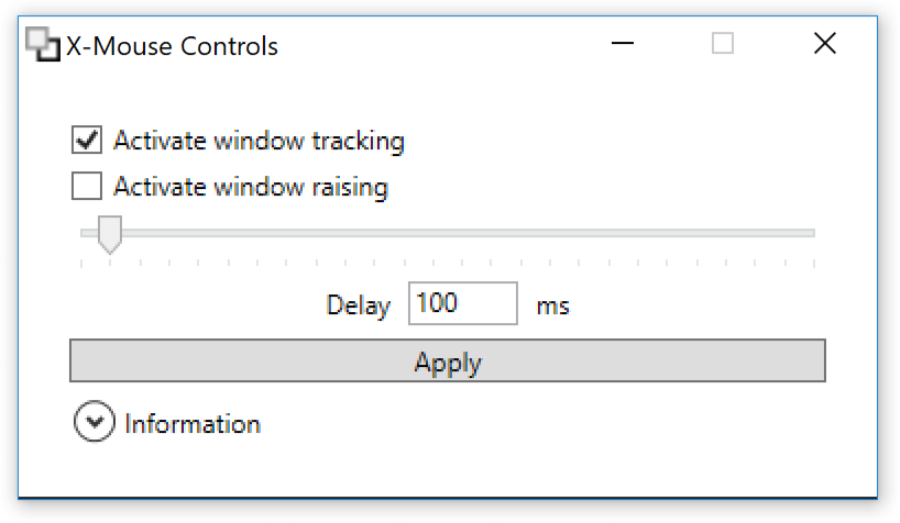 Screenshot of the main window of X-Mouse Controls v1.1.0.0, running on Windows 10