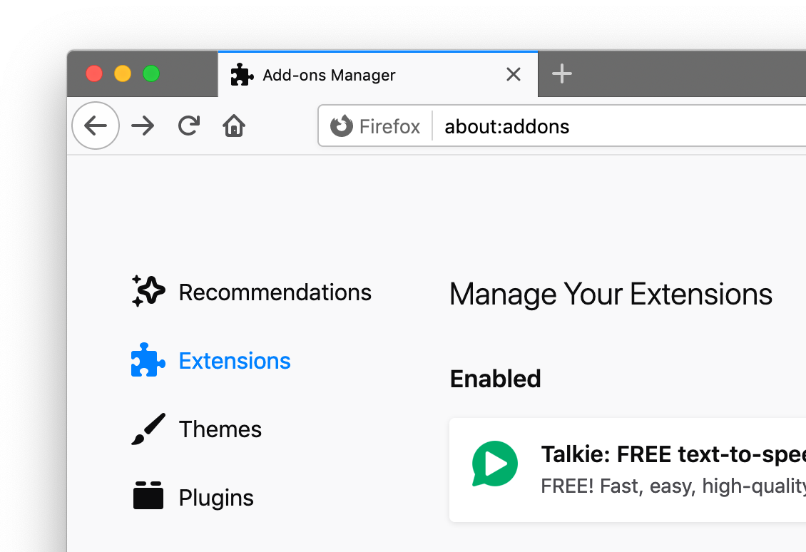 Screenshot of Firefox's list of installed extensions, focusing on Talkie