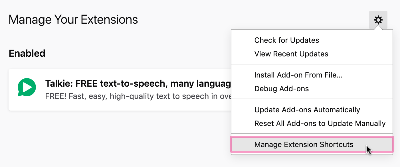 Screenshot of the Manage Extension Shortcuts menu item