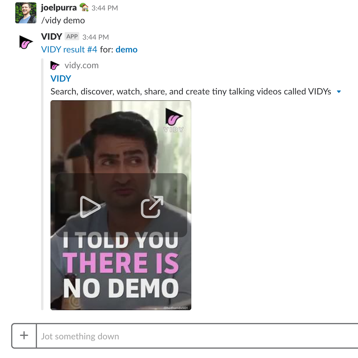 Screenshot of the /vidy command used in Slack